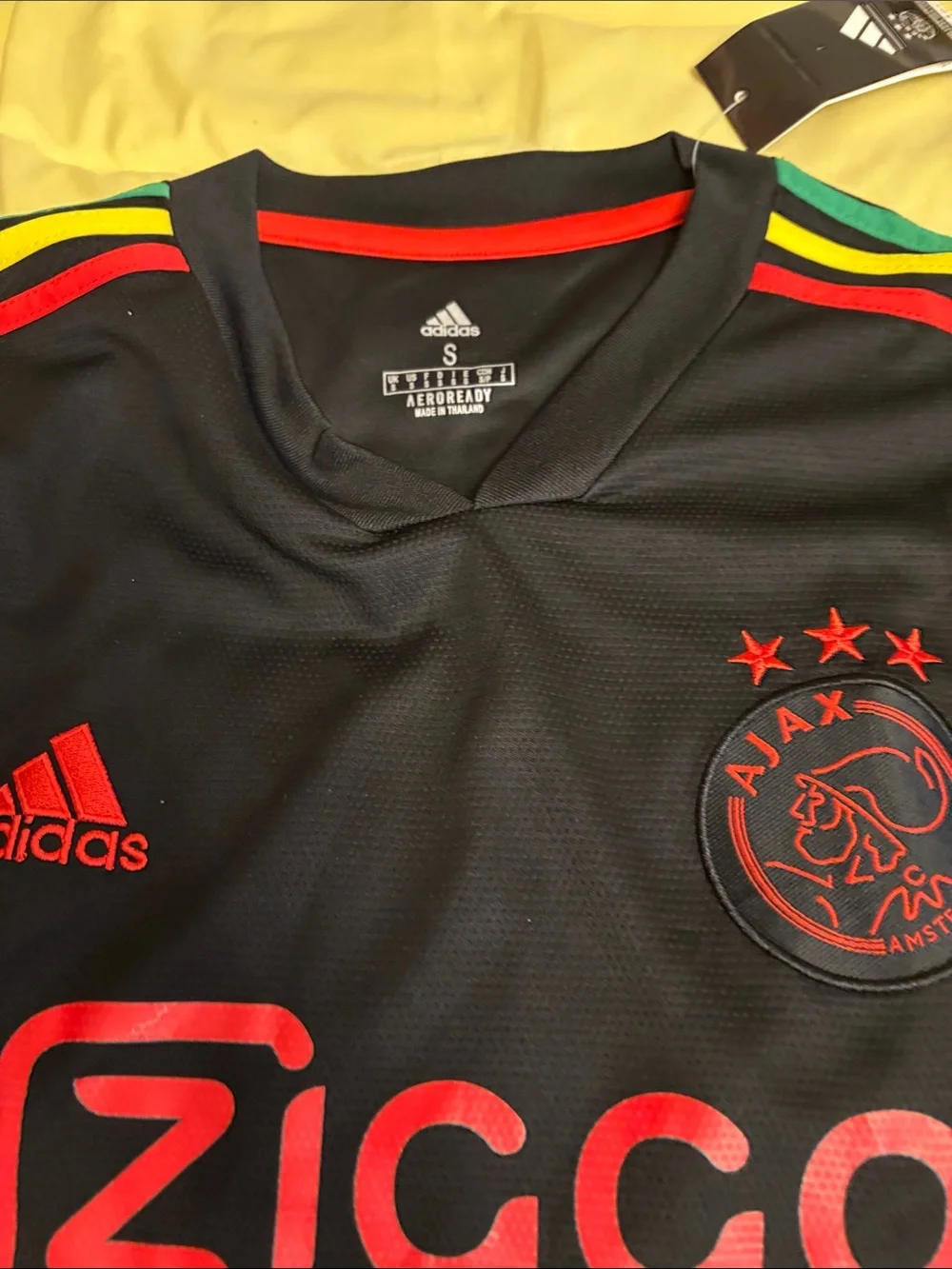adidas mens Ajax Ziggo Jersey - Black with Red and Yellow/Green Shoulder Stripes